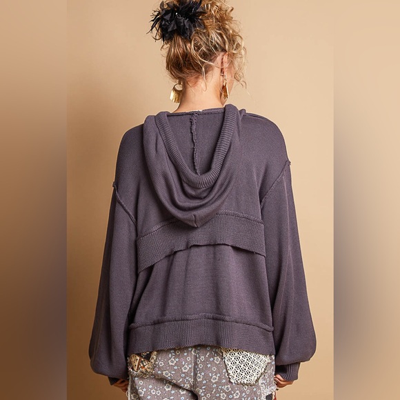 π POL Half Zip Hoodie - Relaxed Fit Pullover - Cotton Blend - Ghost Grey - Picture 6 of 11